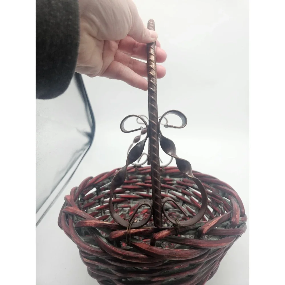 Vintage Red‎ Wicker Basket With Decorative Metal Handle